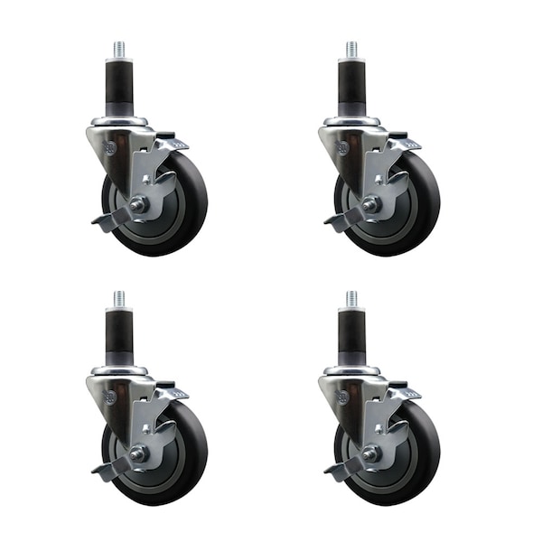 4'' SS Thermoplastic Rubber Swivel 1-1/4'' Expanding Stem Caster Set with Brake, 4PK